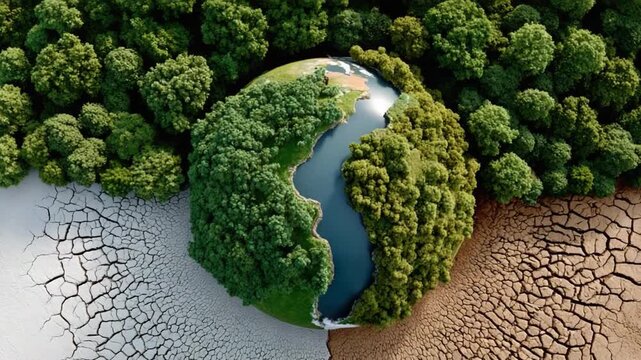 Planet's Paradox: A stunning aerial view unveils the Earth's beauty intertwined with the impact of environmental change. Lush greenery meets barren drought, creating a vivid dichotomy. 