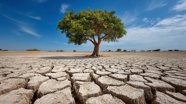 The lone tree in the arid land: This image highlights a solitary tree standing proudly in an arid and parched terrain beneath a brilliant, cloud-dotted azure sky. 
