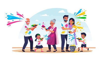 A heartwarming flat design illustration showcasing an Indian family from multiple generations celebrating Holi with vibrant colors and water. 
