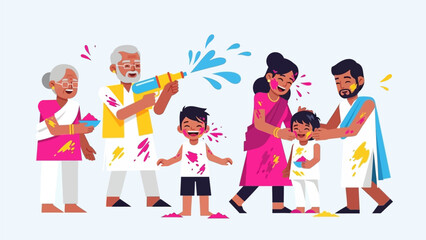 A heartwarming flat design illustration showcasing an Indian family from multiple generations celebrating Holi with vibrant colors and water. 