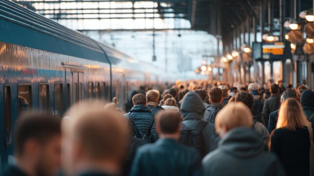 People walking on train platform with a passenger train alongside. Urban commute and public transport. Travel and journey concept for daily life.
