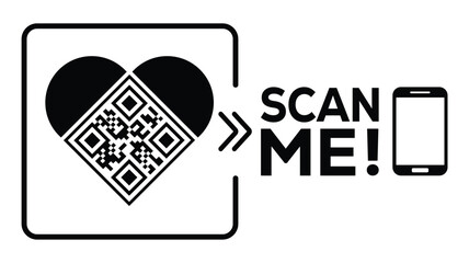 Bold monochrome vector design: Heart-shaped QR code beside smartphone, "SCAN ME!" text, and refresh arrow loop. Ideal for apps, events, NFTs, loyalty programs. Clean, modern, scalable for digital.