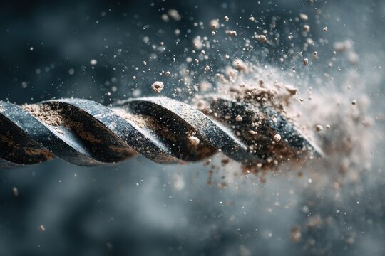 Macro shot of a drill bit boring into concrete with exploding dust. Power tool action background.