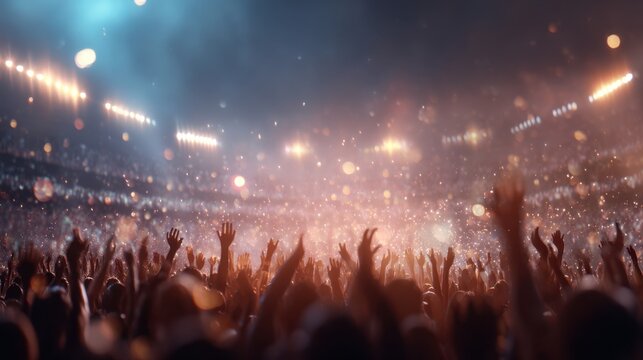 Large crowd with raised hands in a brightly lit stadium at night, capturing the excitement of a live event or festival.