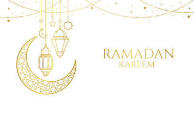 gold lantern and crescent moon Ramadan ornament decorations background © ikkiae01