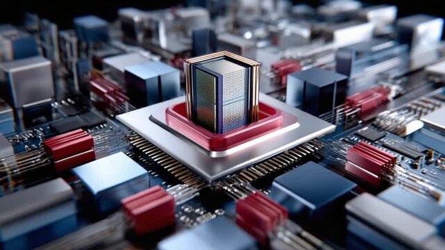 Digital Hardware: A high-angle perspective offers a striking view of an intricate computer circuit board.
