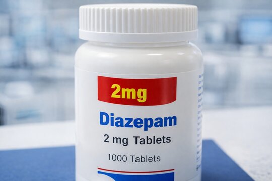 White bottle labeled Diazepam 2 mg, containing 1000 tablets for anxiety and neurological treatment.