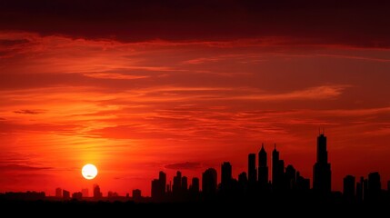 Horizon cityscape with dramatic orange and red sky during sunset. Silhouette of urban buildings creating atmospheric backdrop for tranquility.