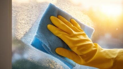 Woman hand in yellow rubber glove cleaning window with blue rag. Household chore concept for spring cleaning or regular home maintenance.