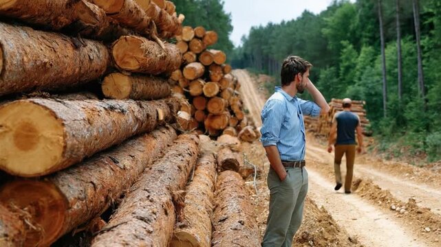 Timber Harvest: Two individuals are viewed in a forest landscape, observing a lumber harvest site with stacked logs, highlighting the intersection of forestry and the environment.