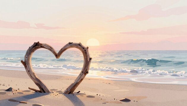 Heart-shaped driftwood on a sandy beach at sunset, romantic seascape. - Powered by Adobe