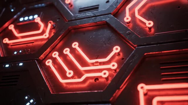 Abstract red illuminated circuit board pattern on hexagonal tiles