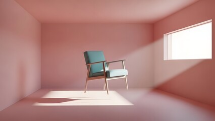 Minimalist empty room with a single armchair bathed in sunlight from a large window, creating a tranquil and serene ambiance