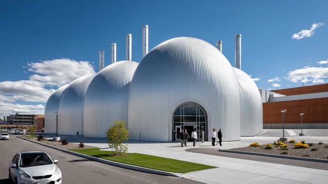 Modern Architecture: An architectural marvel, its unique design showcasing a symphony of curved structures, set against a pristine blue sky, symbolizes innovation and modern aesthetics. 