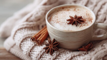 Naklejka premium Cozy winter drink photography with star anise and cinnamon sticks on a knitted sweater for comforting autumn or Christmas holidays beverage