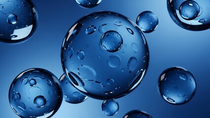 青い背景に浮かぶ透明な気泡と球体の3D抽象イメージ