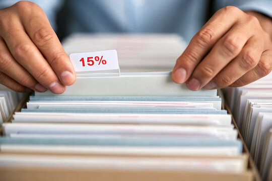 Close up of hands organizing paper documents in filing cabinet, focusing on folder labeled with 15 percent, representing finance, tax, or interest rate management