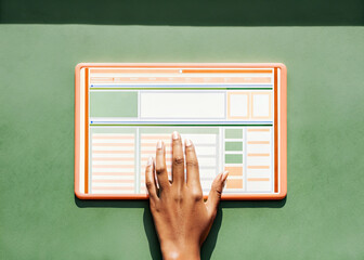 Hand swiping through digital dashboard interface modern technology artificial intelligence bio data fusion green background innovation touchscreen futuristic analysis