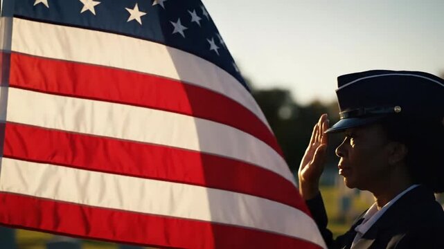 Veteran Salutes Flag During Ceremony with American Flag in Background