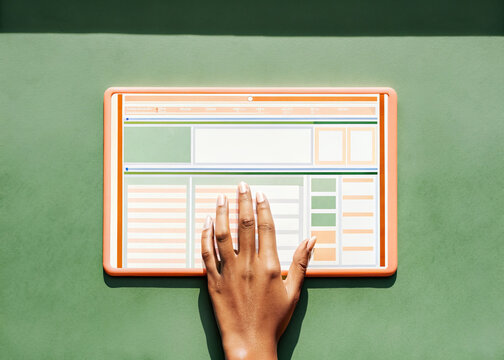 Hand swiping through digital dashboard interface modern technology artificial intelligence bio data fusion green background innovation touchscreen futuristic analysis - Powered by Adobe