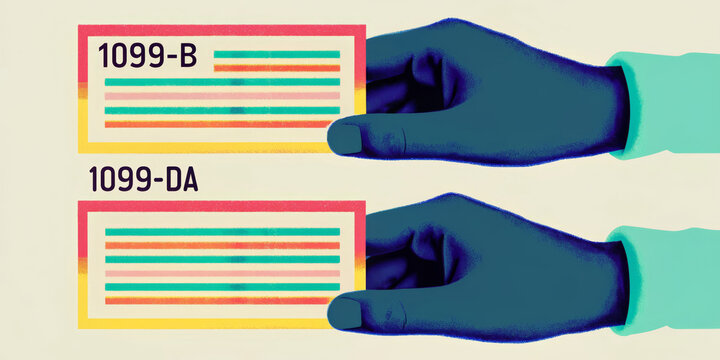 Hand holding two forms labeled 1099 B and 1099 DA colorful lines on each form concept of tax documents financial paperwork comparison personal finance tax season information review