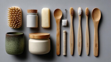 Eco-Friendly Self-Care: A collection of sustainable and natural self-care items elegantly arranged, promoting a holistic approach to wellness and mindful living.