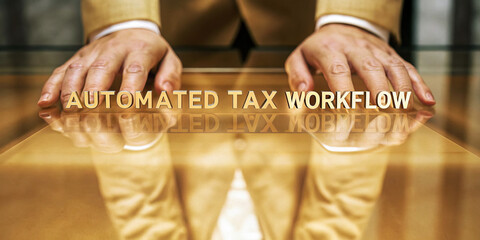 Automated tax workflow business professional hands on glass table modern office financial process efficiency technology reflection suit innovation