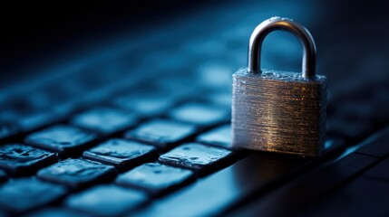 Padlock on a dark laptop keyboard. Data security and digital privacy concept for cybersecurity protection and online information safety.