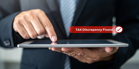 Businessman tablet hand suit touchscreen tax discrepancy alert digital finance technology professional office audit accounting notification investigation compliance management data analysis