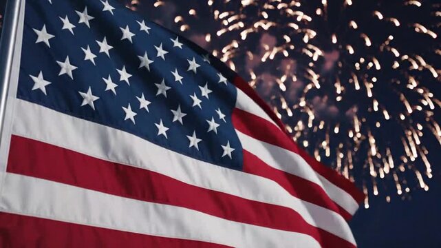 Celebration of American Pride with Fireworks Display and waving US flags