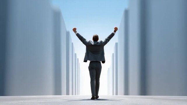 Vision of Victory: A determined figure stands with arms outstretched towards the light at the end of a seemingly endless passage, symbolizing triumph and the pursuit of dreams.