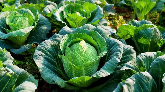 Fresh green cabbage plants growing in an organized agricultural field representing healthy organic vegetable farming
