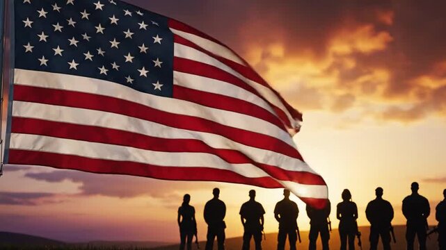 United States Flag Wave During Sunset with Silhouetted People Celebrating