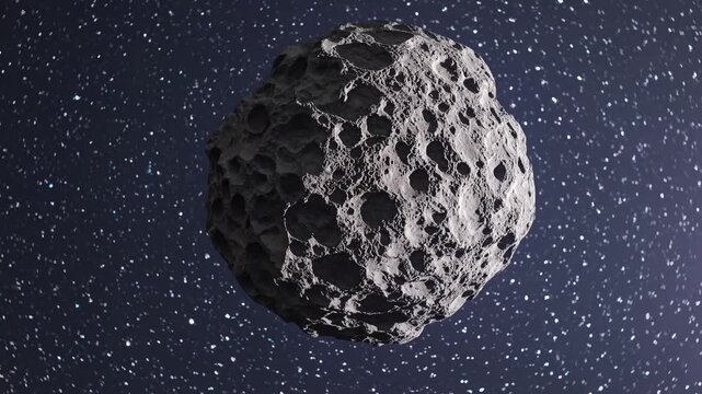 Space stone illuminated by moon shadows, Dark asteroid reflecting cosmic shadows under stellar illumination, Deep craters and luminous effects highlight surface of space rock in darkness