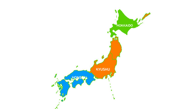 japan map, colored regions
