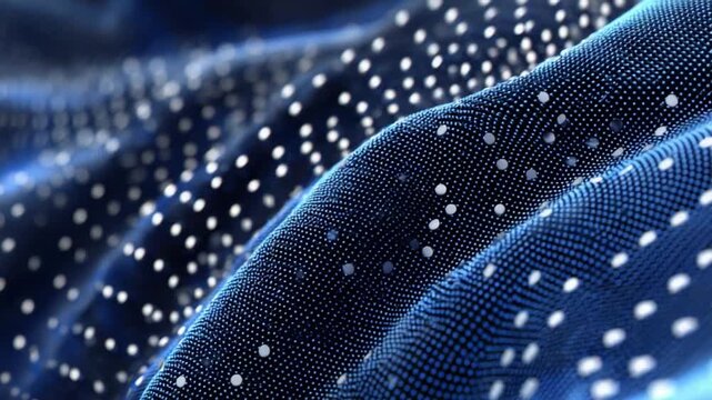Dynamic Tech Fabric: An abstract, close-up shot of a flowing, digital fabric comprised of countless glowing spheres, embodying the fluidity and interconnectedness of modern technology.