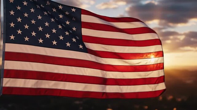 Majestic American Flag Flapping During Sunset Creating Patriotic Atmosphere