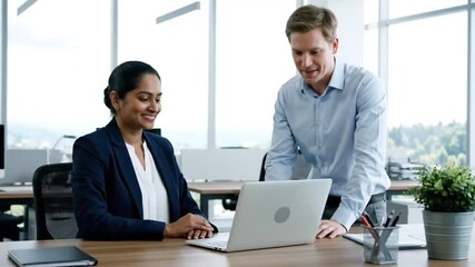 A professional corporate team of smiling businesspeople and executives collaborating around an office table with a laptop and computer during a successful teamwork meeting - Powered by Adobe