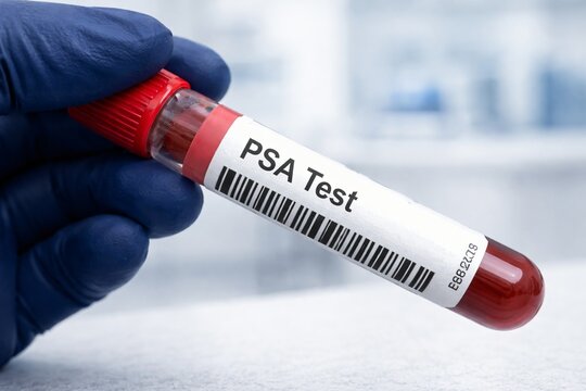 Gloved hand holding PSA test vial for prostate screening, used in medical diagnostics and lab tracking.