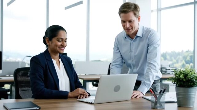 A professional corporate team of smiling businesspeople and executives collaborating around an office table with a laptop and computer during a successful teamwork meeting