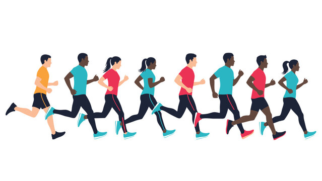 Diverse group of men and women running together in a line showing a healthy active lifestyle and athletic endurance during a group race. - Powered by Adobe