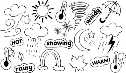 Fototapeta premium Black-and-white vector doodle set of weather icons: sun, moon and stars, clouds, rain, thundercloud, wind swirls, tornado, umbrella, rainbow, snowflakes, thermometers, leaves, and labels like 