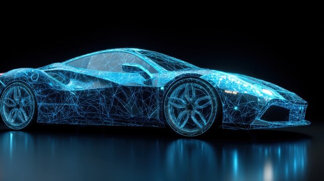 Glowing blue wireframe sports car design. Modern automobile engineering, automotive technology development concept, for cyber security. - Powered by Adobe