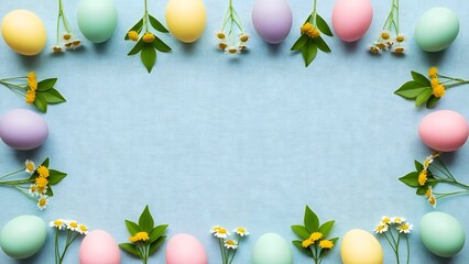 Easter egg border with floral accents on light blue background
