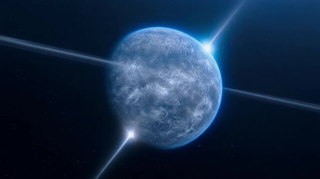 Massive blue-white supergiant star with radiant energy streaks emerging from poles, cinematic 8K.