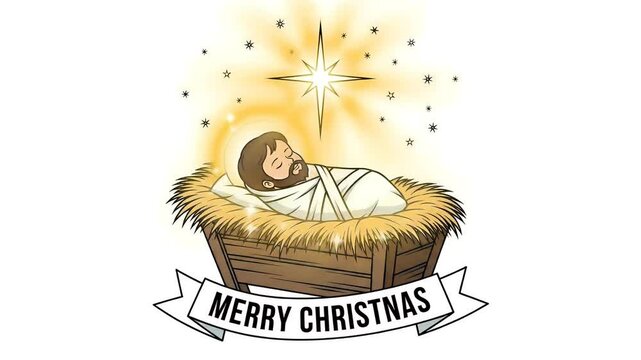 Christmas Nativity Scene Jesus in Manger with Star and Merry Christmas Banner
