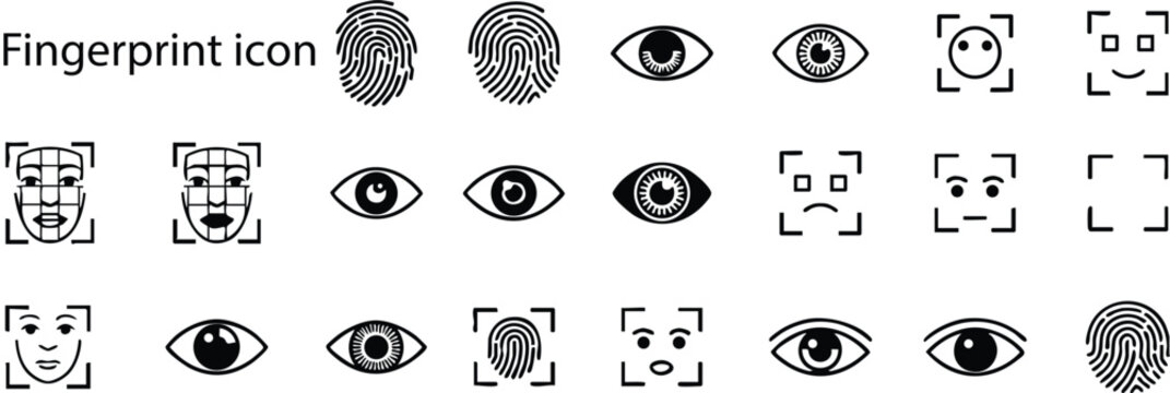 Biometric Security Icons Set: Fingerprint, Facial Recognition, and Iris Scan
