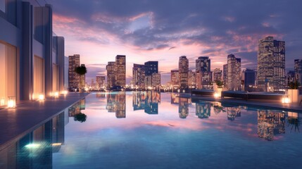 Obraz premium Cityscape at dusk from a rooftop infinity pool with building reflections in the water. Luxury resort and urban living concept.