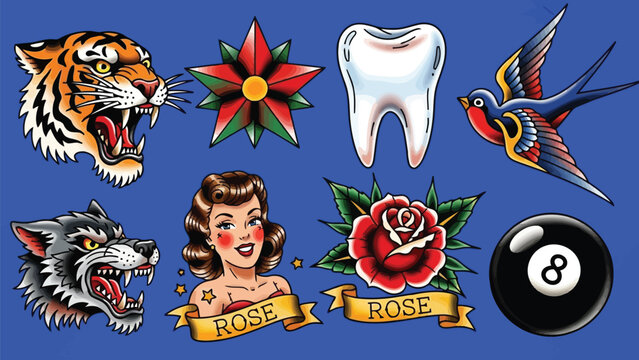 A collection of traditional tattoo designs featuring animals flowers and objects