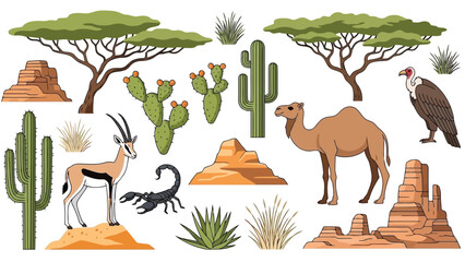 African savanna illustration featuring camels gazelles cacti and desert landscape elements